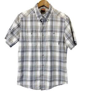 Merrell Boys XL Short Sleeve Plaid Button Down Shirt Tan Blue‎ White Linen Blend